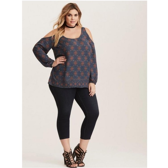 TORRID PLUS SIZE 2 GEO PRINT GAUZE COLD SHOULDER BLOUSE INDIGO BLUE & ORANGE TOP - Picture 2 of 6
